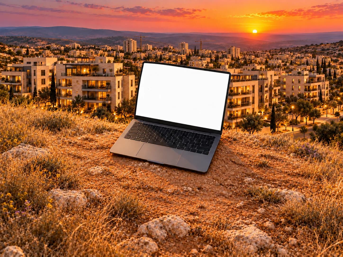 A laptop standing open on a dry hillside at sunset, above a city of lit stone buildings